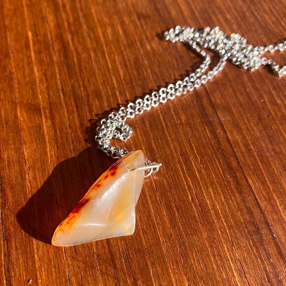 Unique Tan Rust Semi-Polished Glass Amber Pendant 24 in Stainless Steel Chain - Picture 5 of 6